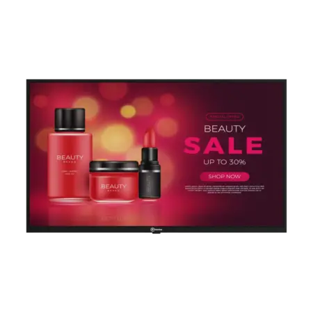 43-inch wall-mount digital signage screen displaying vibrant retail advertisements with non-touch A9 interface