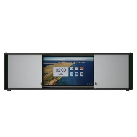 Side angle of green sliding board showcasing hidden rail system and anodized aluminum frame